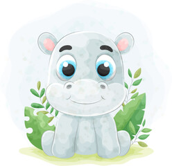 Cute doodle hippopotamus with watercolor illustration