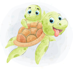 Fototapeta premium Cute doodle mother and child turtle with watercolor illustration