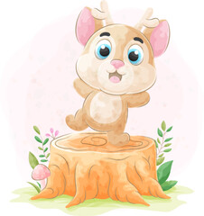 Cute doodle Deer with watercolor illustration