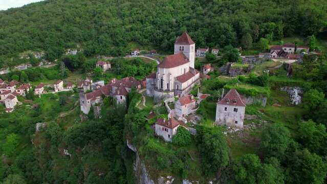 Aerial shot of the famous medieval village Saint Cyr Lapopie in the Lot department, France