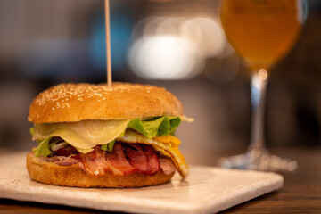 Cheese Burger with Bacon and Egg, ready to eat.