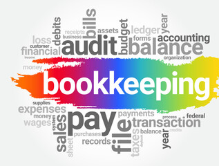 Bookkeeping is the recording of financial transactions, and is part of the process of accounting in business, word cloud concept background