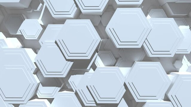Three background slides with animated transitions, neutral white 3D hexagon shapes