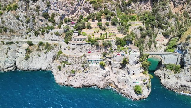 Aerial view of Furore Fjord from a drone, Amalfi Coast, Italy