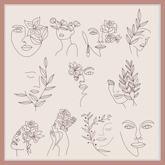 Abstract women face line art design with flower 