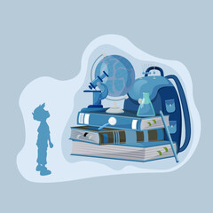 A boy is looking at school items lying across from him. Don't make school difficult for kids. A boy in front of books, school bag, globe, magnifying glass, pencil, microscope and chemistry bottle.