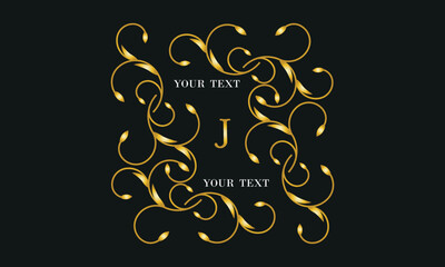 Logo design template in trendy linear style with flowers and leaves, letter J on black background - luxury products, cosmetics packaging, fancy monogram.