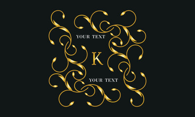 Logo design template in trendy linear style with flowers and leaves, letter K on black background - luxury products, cosmetics packaging, fancy monogram.