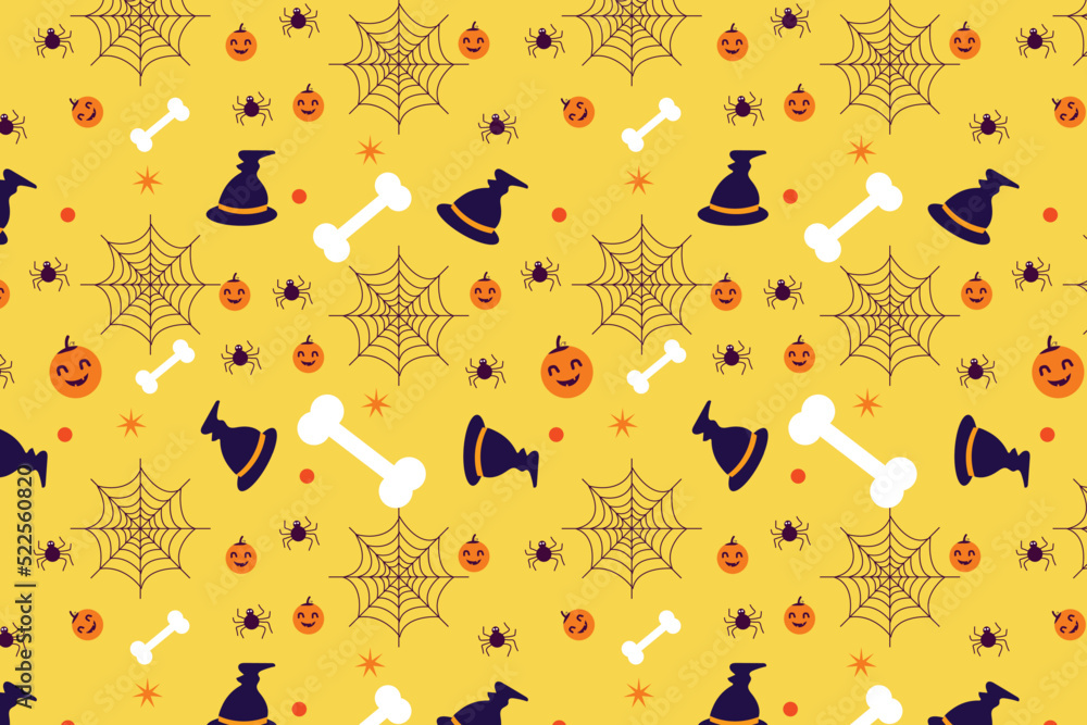 Poster minimal pattern decoration with bone and spooky pumpkins vector. seamless pattern vector for hallowe