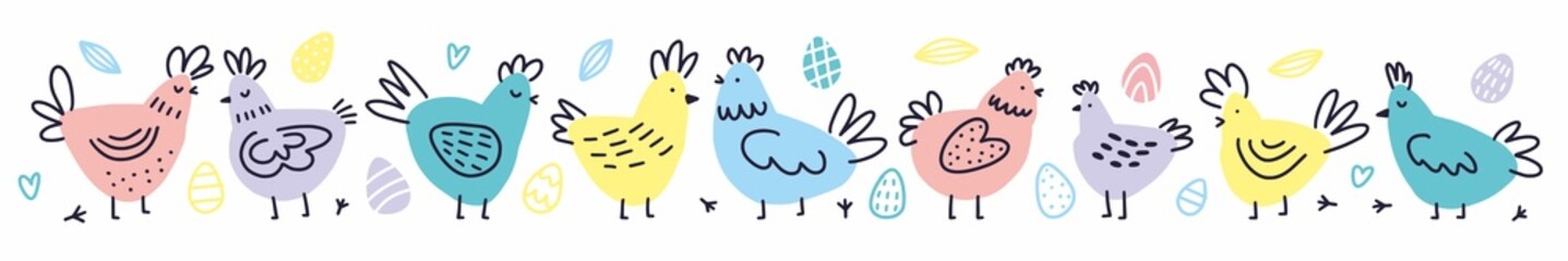 Vector funny pattern with chickens drawn by hand. Easter pattern.