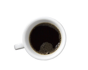 Black coffee in white coffee cup on transparent background.