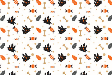 Halloween abstract pattern design with bones and haunted houses. Halloween seamless pattern decoration on a white background. Endless pattern vector for book covers, wallpapers, and bed sheets.