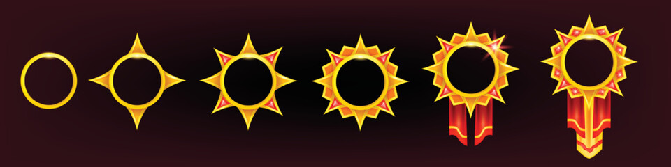 Game frame UI golden border set, fantasy medieval RPG ranking avatar circle kit, decoration items. Vintage round award level up trophy, user ranking assets, red ribbon. Game frame reward collection
