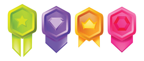 Game badge 3D icon set, level up medal award rating button certificate, victory award UI shield. Experience achievement prize, vector gift label, trophy reward bonus emblem. Game badge collection