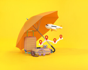 Travel insurance business concept. yellow umbrella cover airplane and suitcases.