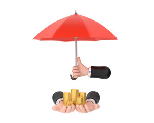 red umbrella protection coins hand holding stack of money savings a business.