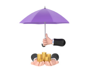 purple umbrella protection coins hand holding stack of money savings a business.