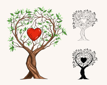Trees intertwined in heart shape, hand-drawn illustration in vintage style