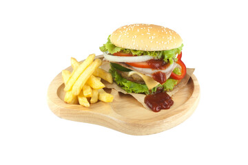 Pork hamburger Homemade with grilled bacon contains vegetables, cheese, lettuce, onion, chilli, spices in a wooden dish isolated on white backgroud