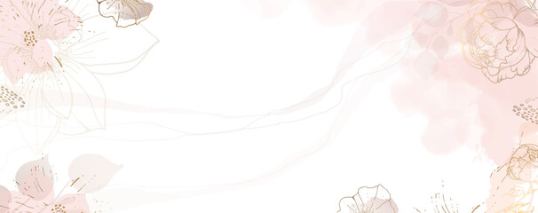 Luxurious golden wallpaper. Banner with pink peonies flowers. Abstract watercolor pink, gold stains on a white background. Bright flowers and branches. vector file.