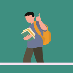 Simple Vector illustration drawing of young happy elementary school boy student carrying a stack of books and giving thumbs-up gesture. Education concept  Modern design vector illustration