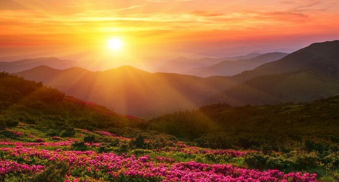 picturesqur summer dawn image, picturesque morning scenery, amazing blossom pink rhododendron flowers, floral nature background