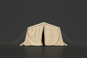 Military tent and shelter, campsite for soldiers, humanitarian aid tent, 3d rendering - obrazy, fototapety, plakaty