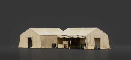 Military tent and shelter, campsite for soldiers, humanitarian aid tent, 3d rendering