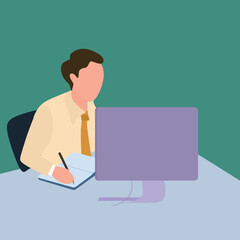Fototapeta na wymiar Simple Vector illustration drawing of a young pensive businessman sitting and watching computer screen to analyze data company. Business analysis writing concept. Modern design vector illustration