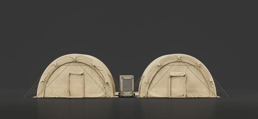 Military tent and shelter, campsite for soldiers, humanitarian aid tent, 3d rendering