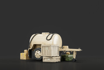 Military fuel tank wagon and equipments together with military wooden storage box, 3d rendering.