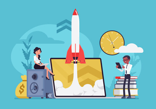 Team launching rocket, going to market, start own business, busy entrepreneurs startup, inspiration of successful business owner, aspiring prospective entrepreneurs, future growth. Vector illustration