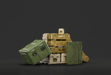 Military arsenal pile with cargo containers and ammunition boxes, 3d rendering - obrazy, fototapety, plakaty