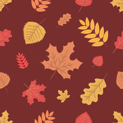 Set of colorful autumn tree leaves pattern. Maple, birch, oak, rowan. Beautiful leaf decoration. Design texture for fabric, textile, postcard, label, packaging. Flat vector illustration