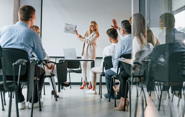 Explaining new stuff for students. Group of professional business people is in the office