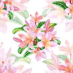 Fototapeta na wymiar Seamless watercolor pattern with tropical plumeria flowers. Bright and juicy.