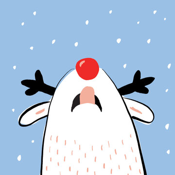 Cute Vector Illustration with Hand Drawn White Reindeer on a Baby Blue Background. Reindeer With a Red Nose Sticking Out its Tongue to Catch the Snowflakes.Lovely Winter Holiday Print ideal for Card.