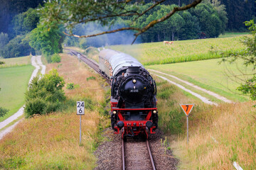Pflaumdorf, Bavaria 07.08.2022, steam locomotive during a special trip of the steam railroad Augsburg Ammersee
