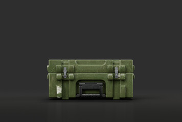 Green military plastic crate. Ammunition and military assets crate, 3d rendering - obrazy, fototapety, plakaty