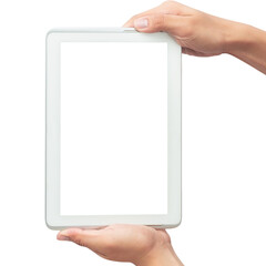 Hand holding tablet computer with screen mockup.