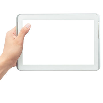 Hand holding tablet computer with screen mockup.