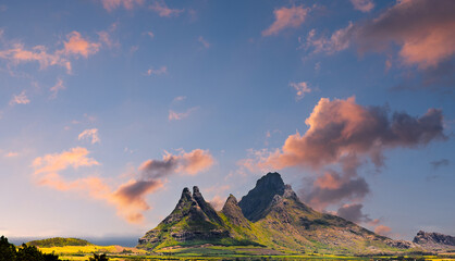 Trois Mamelles Mountain viewed at dusk, from a high vantage point, Mauritius