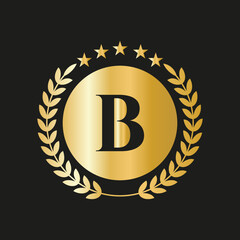 Letter B Concept Seal, Gold Laurel Wreath and Ribbon. Luxury Gold Heraldic Crest Logo Element