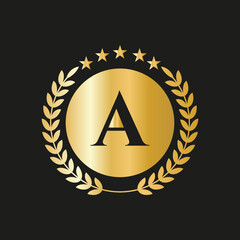Letter A Concept Seal, Gold Laurel Wreath and Ribbon. Luxury Gold Heraldic Crest Logo Element