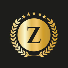 Letter Z Concept Seal, Gold Laurel Wreath and Ribbon. Luxury Gold Heraldic Crest Logo Element