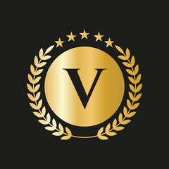 Letter V Concept Seal, Gold Laurel Wreath and Ribbon. Luxury Gold Heraldic Crest Logo Element