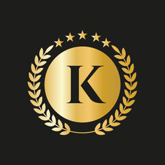 Letter K Concept Seal, Gold Laurel Wreath and Ribbon. Luxury Gold Heraldic Crest Logo Element