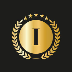 Letter I Concept Seal, Gold Laurel Wreath and Ribbon. Luxury Gold Heraldic Crest Logo Element