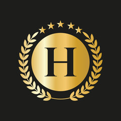 Letter H Concept Seal, Gold Laurel Wreath and Ribbon. Luxury Gold Heraldic Crest Logo Element
