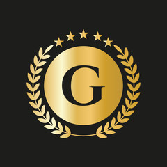 Letter G Concept Seal, Gold Laurel Wreath and Ribbon. Luxury Gold Heraldic Crest Logo Element